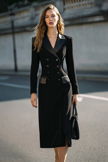 Double Breasted Sheath Black Peak Lapel Work Dress